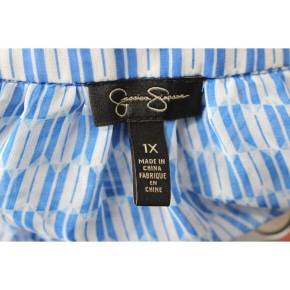 Jessica Simpson Blue Striped Chiffon Tie Waist Peasant Top Shirt Plus Size 1X - Picture 5 of 6